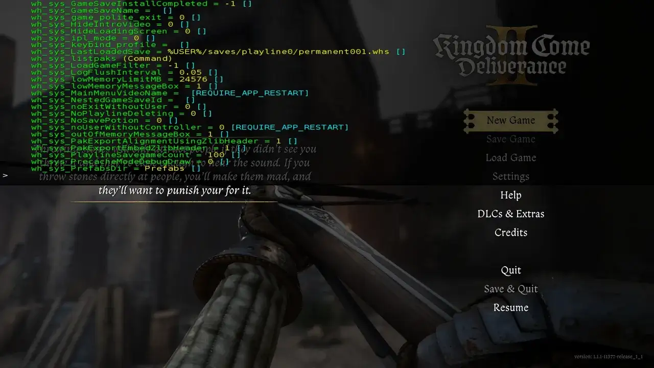 Kody do Kingdom Come: Deliverance. Widok z perspektywy pierwszej osoby na menu gry z widocznymi ustawieniami i tekstem.