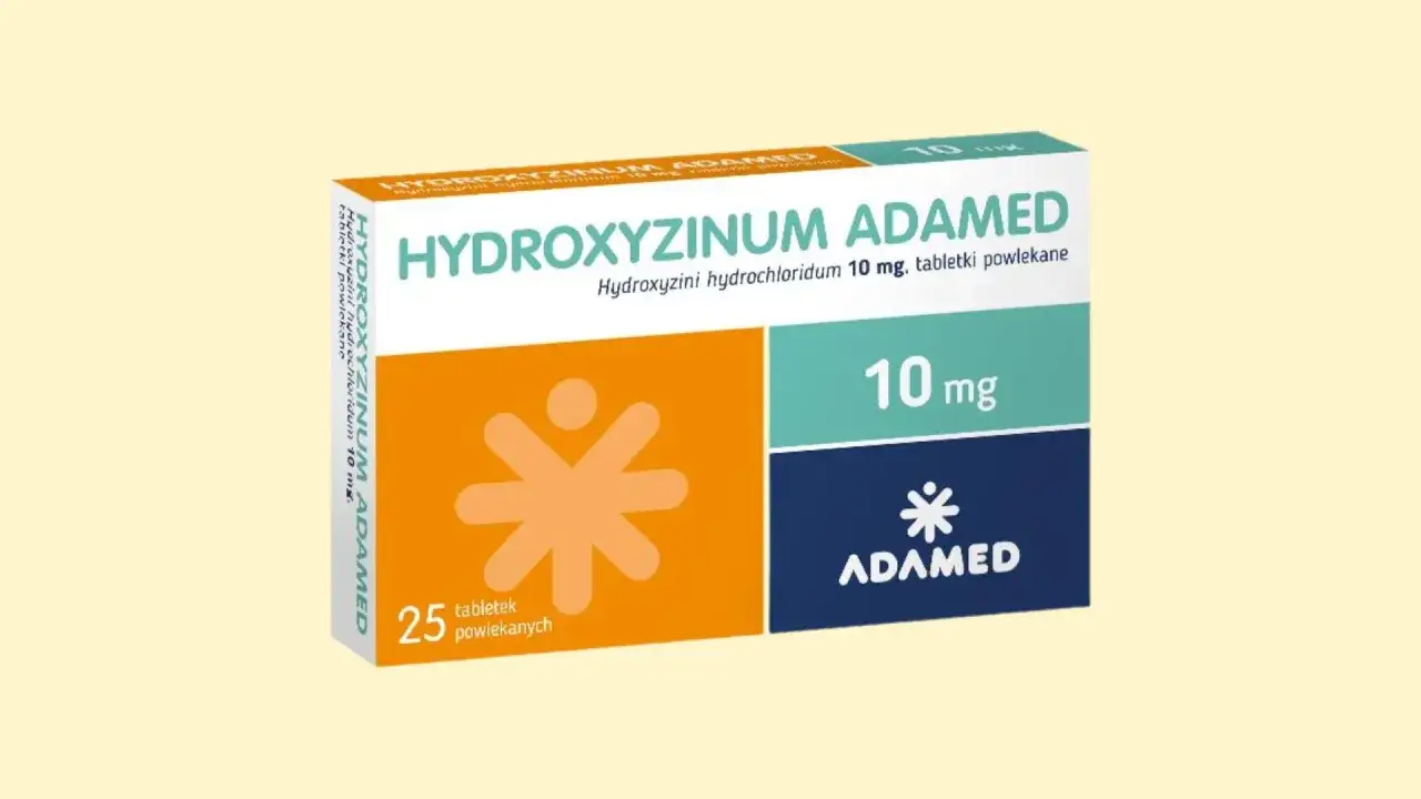 Opakowanie leku Hydroxyzine Adamed 10 mg. Pytanie: czy hydroksyzyna jest bezpieczna? Lek zawiera 25 tabletek.