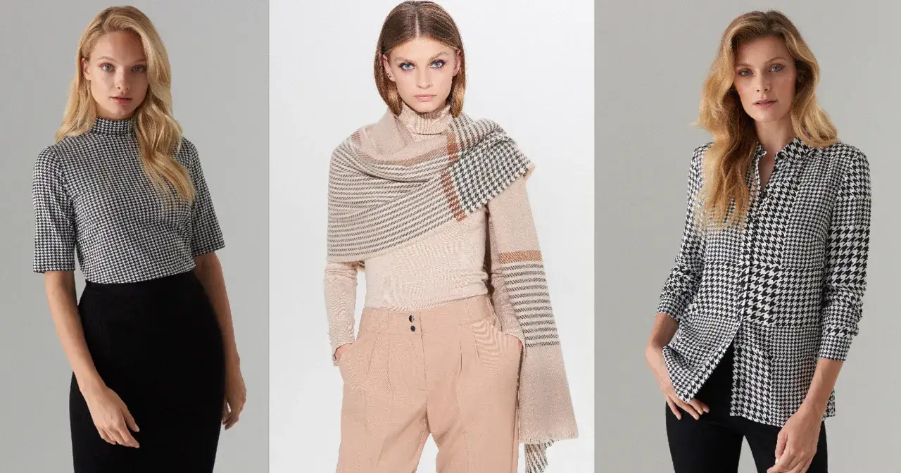 Trzy kobiety w stylizacjach z pepitką. Czy pepitka jest jeszcze modna? Tak, w klasycznych i nowoczesnych odsłonach.