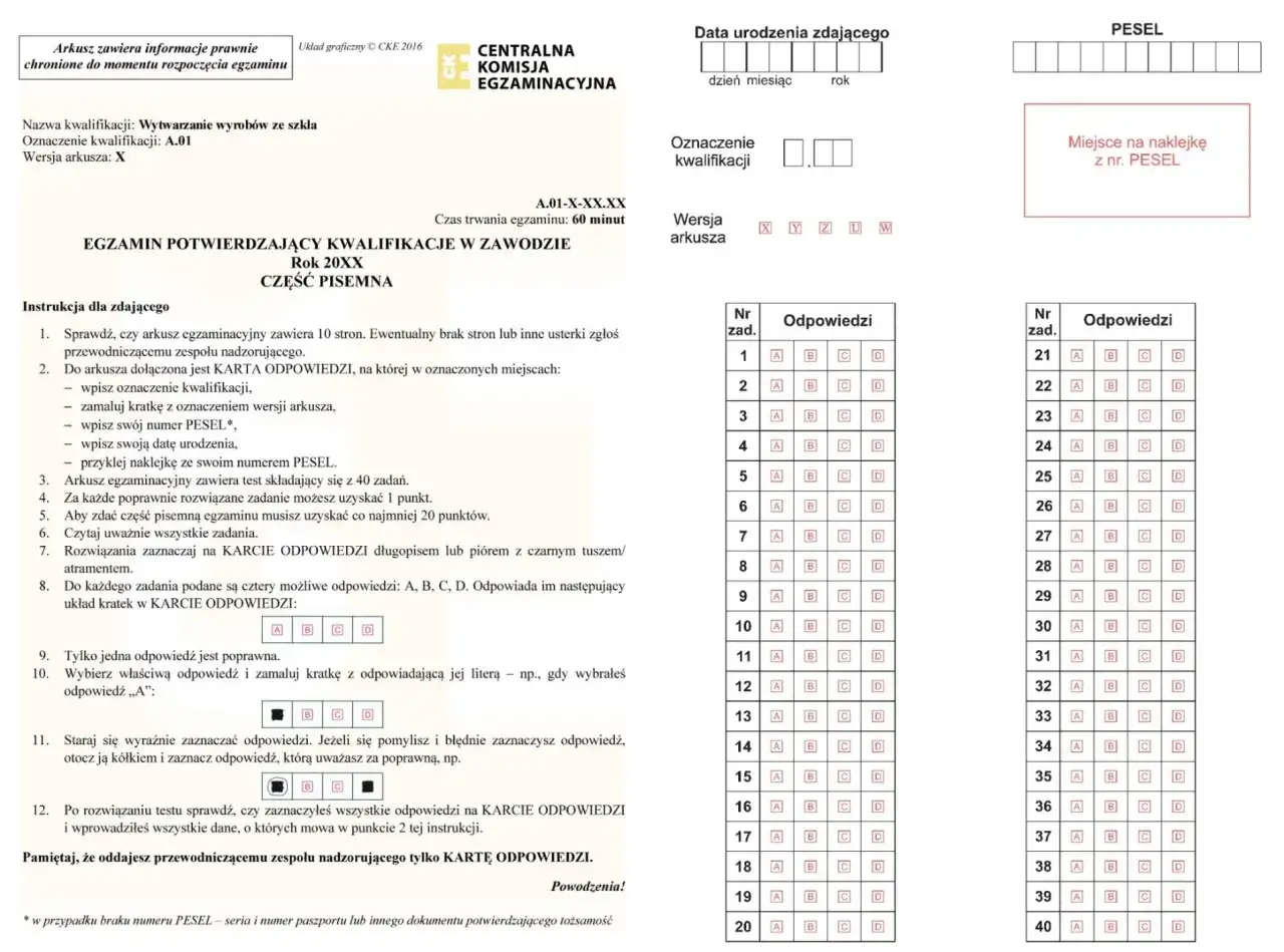 Egzamin zawodowy praktyczny trwa 60 minut. Arkusz zawiera 40 zadań.