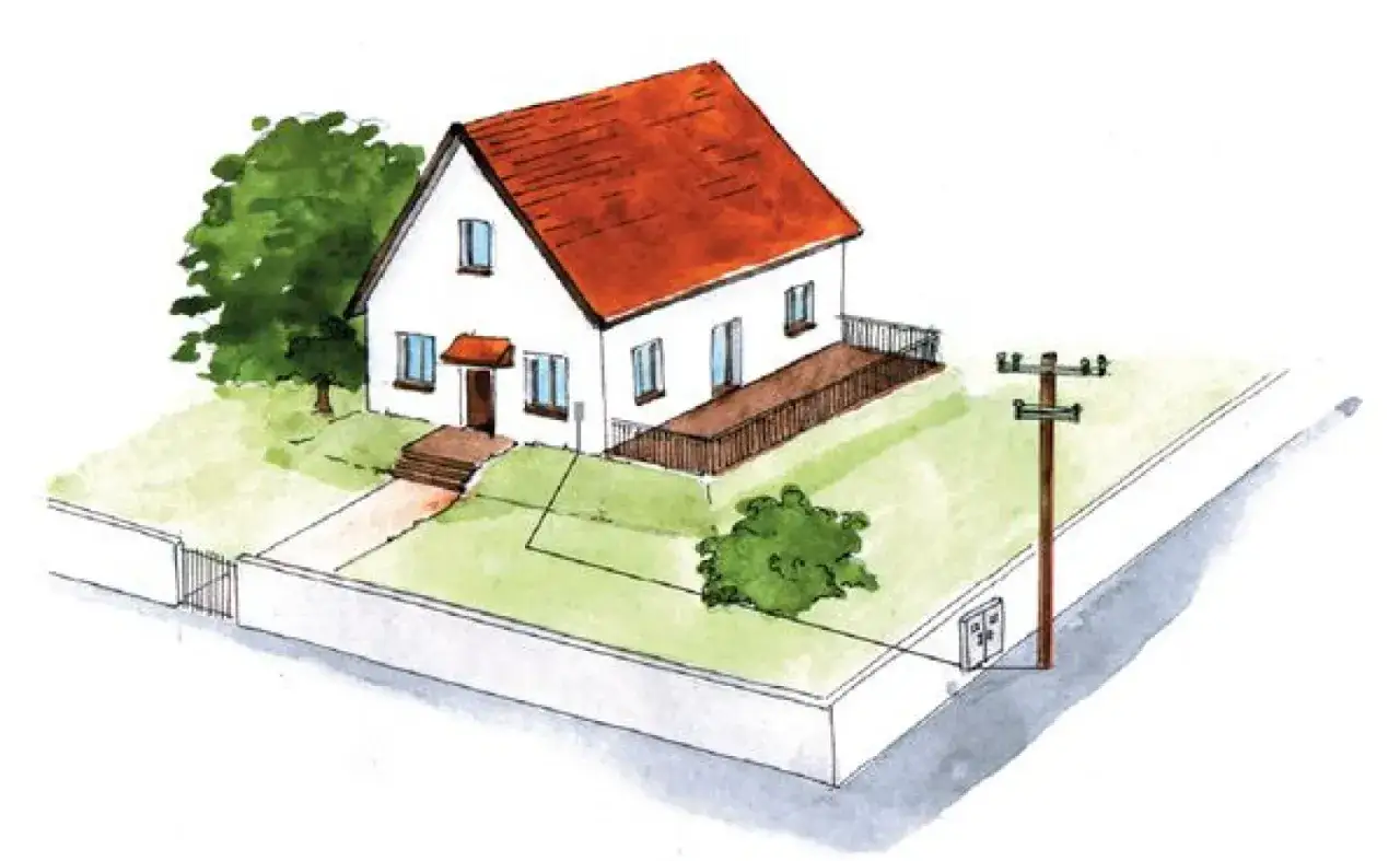 Ilustracja przedstawia dom z ogrodem i słupem energetycznym, pokazując warunki przyłączenia do sieci energetycznej.