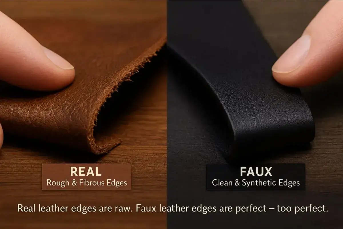 Real leather co to znaczy? Por&oacute;wnanie surowych, wł&oacute;knistych krawędzi prawdziwej sk&oacute;ry z idealnymi, syntetycznymi krawędziami sk&oacute;ry ekologicznej.