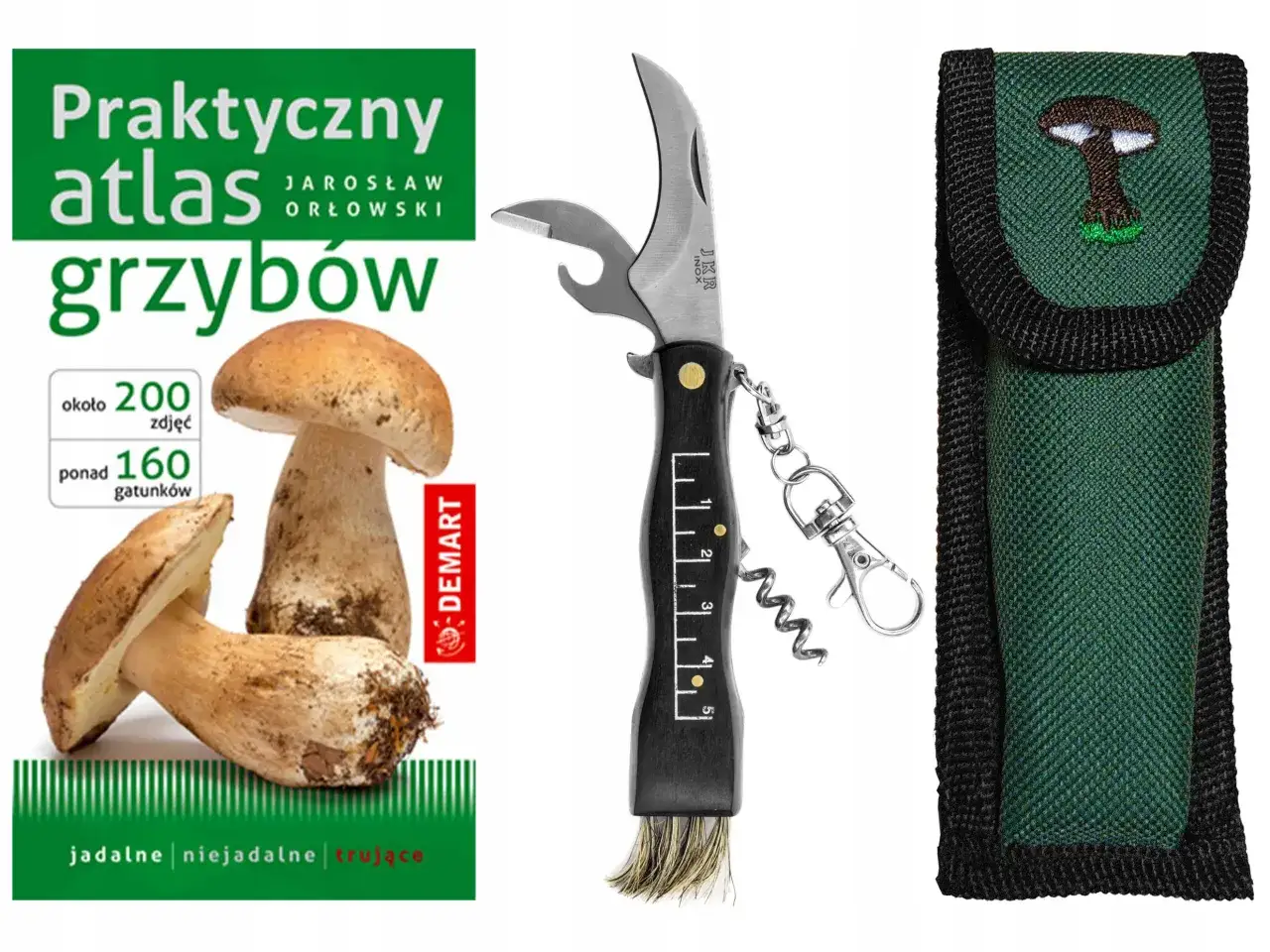 Wyposażenie grzybiarza: koszyk, nożyk, atlas, mapa