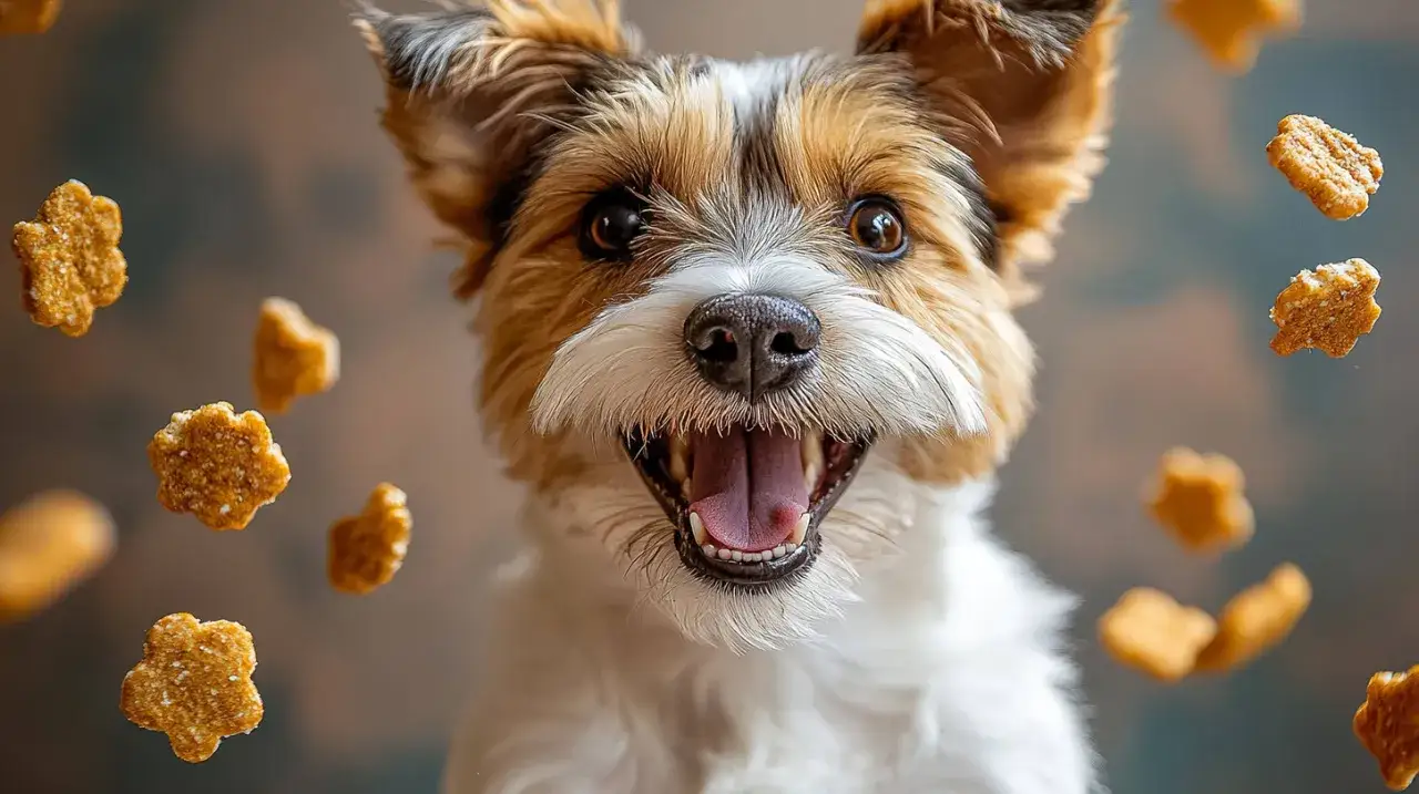 Szczeniak z otwartym pyszczkiem wita spadające smaczki. Jakie smaczki dla szczeniaka są najlepsze?