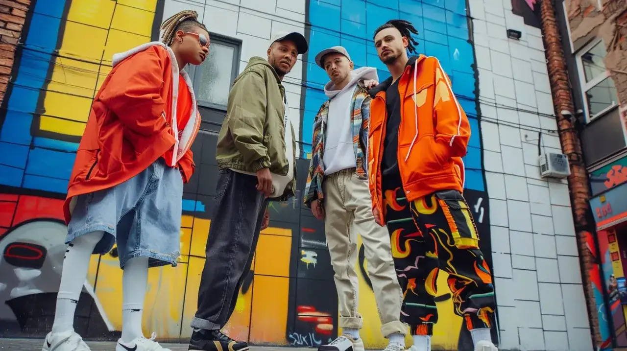Czterech młodych ludzi w kolorowych, luźnych ubraniach, prezentujących styl streetwear. To właśnie streetwear, czyli moda uliczna, w pełnej krasie.