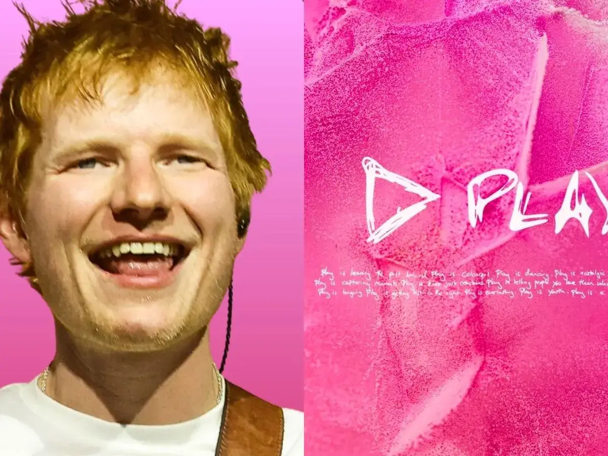 Ed Sheeran uśmiecha się szeroko, zapowiadając nową płytę. R&oacute;żowe tło z napisem 