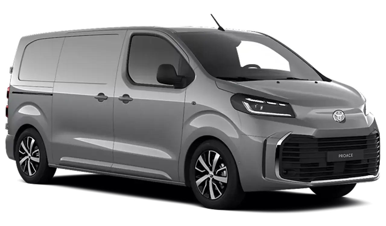Srebrny van Toyota Proace, idealny do transportu. Zapewnia komfort i bezpieczeństwo, a jego toyota assistance gwarancyjny daje spokój na drodze.