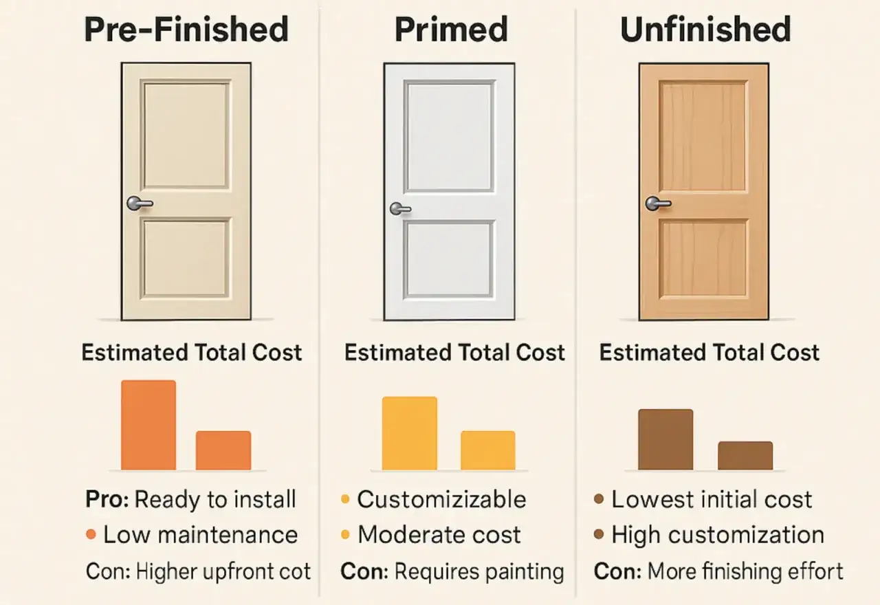 Porównanie kosztów drzwi: gotowe (najdroższe), gruntowane (średni koszt, wymaga malowania) i surowe (najtańsze, wymaga wykończenia).