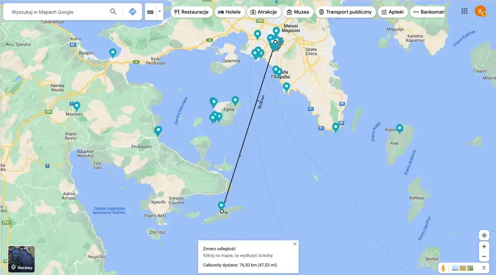 Mapa trasy Polska Ateny Hydra
