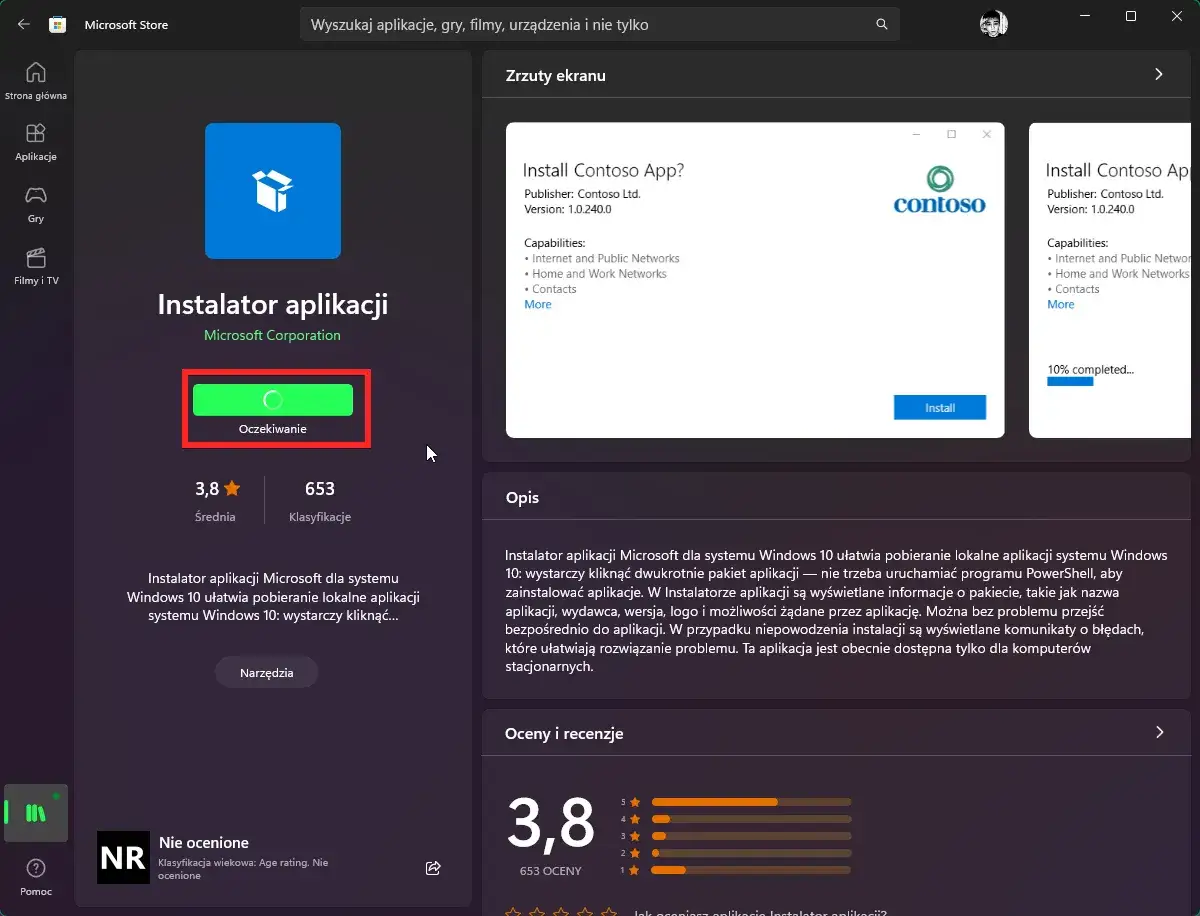Instalator aplikacji Microsoft w sklepie Windows, pokazujący proces pobierania. Dowiedz się, jak pobrać aplikację ze sklepu Windows.