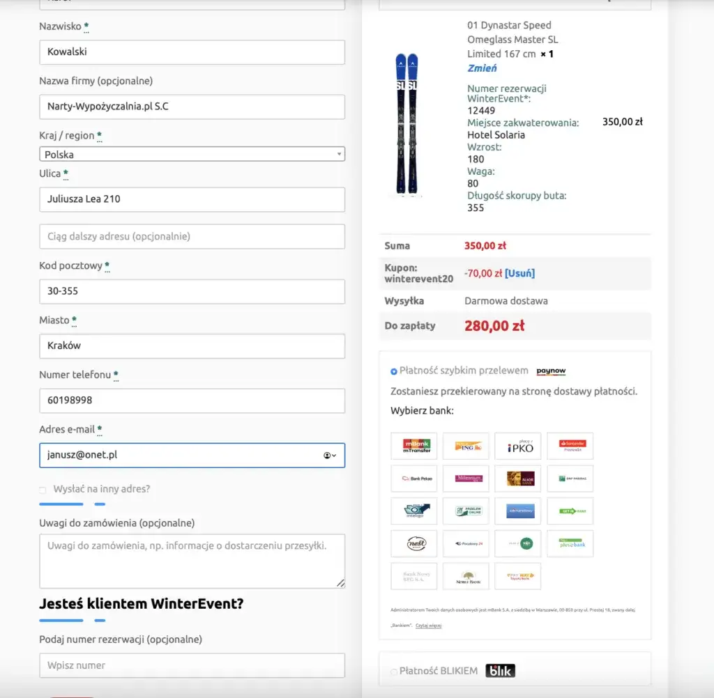 Rezerwacja online wypożyczalnia nart