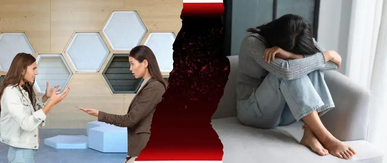 Dwie nastolatki w konflikcie, jedna wyraża emocje, druga słucha. Po drugiej stronie obrazu dziewczyna w smutku, objawy depresji u nastolatk&oacute;w.