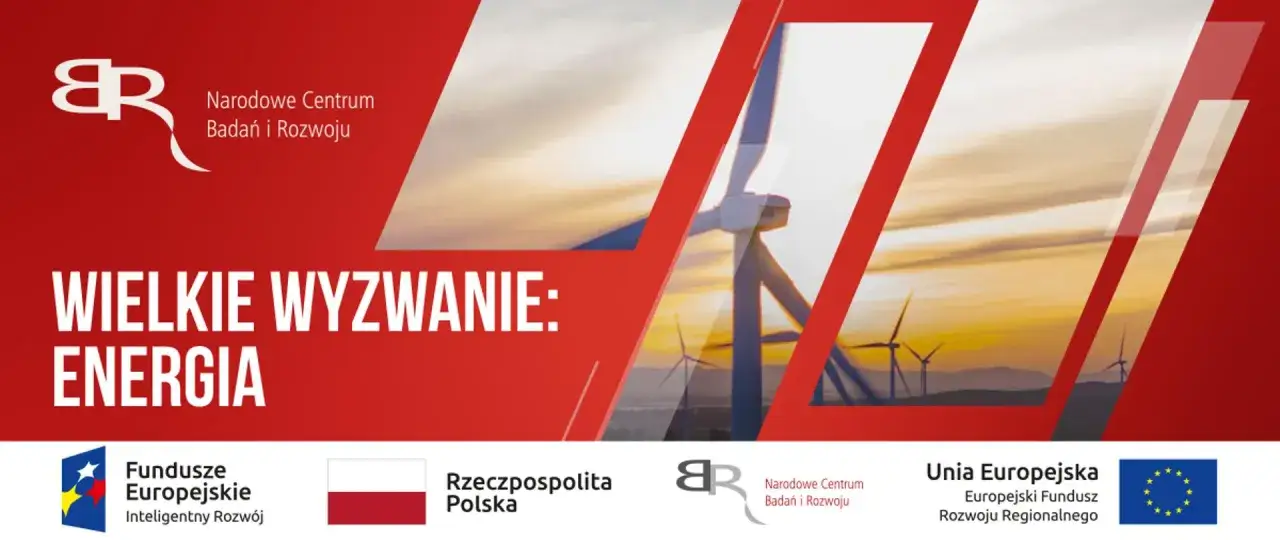 Wiatraki na tle zachodzącego słońca symbolizują rozwój OZE w Polsce. Narodowe Centrum Badań i Rozwoju stawia na zieloną energię.