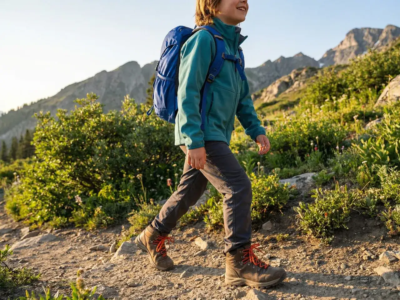 Chłopiec z plecakiem wędruje po g&oacute;rskim szlaku. Idealne miejsce, gdzie w g&oacute;ry z dziećmi, by cieszyć się przyrodą.