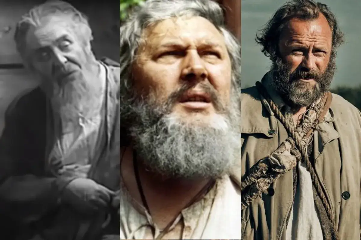 Trzy portrety mężczyzn z brodami. Na pierwszym, czarno-białym, widać starszego mężczyznę, przypominającego starego znachora.