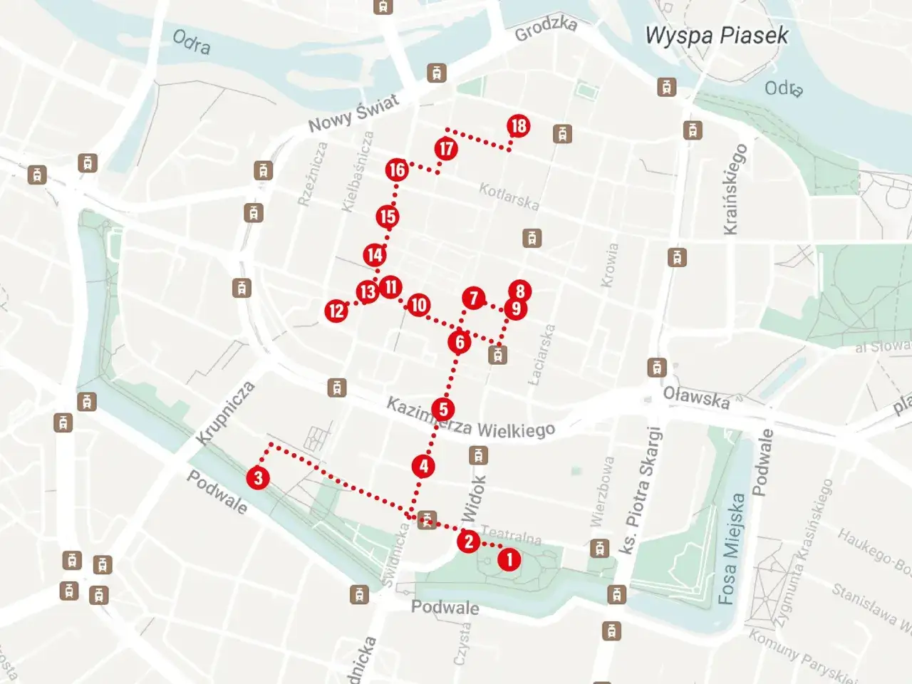 Mapa Wrocławia z zaznaczoną trasą turystyczną. Ile jest krasnali we Wrocławiu? Na mapie zaznaczono 18 punkt&oacute;w, kt&oacute;re mogą być początkiem poszukiwań.