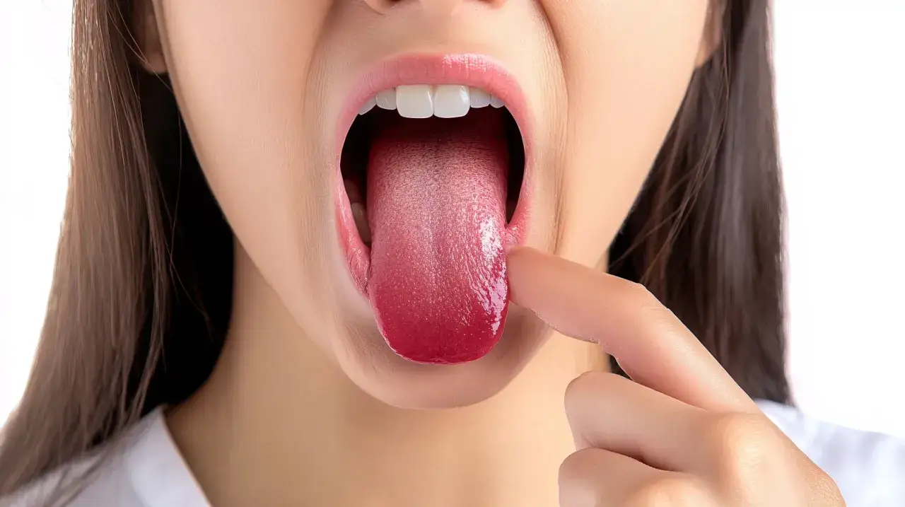 Otwarta buzia z widocznym, błyszczącym, czerwonym językiem, kt&oacute;ry jest dotykany palcem.