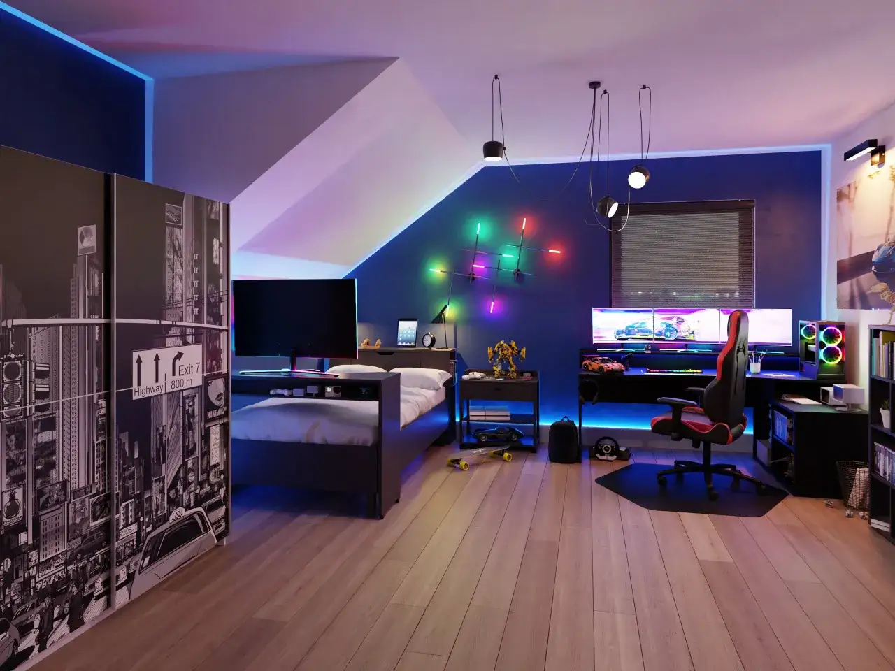 Nowoczesny pokój dla chłopca z łóżkiem, biurkiem gamingowym i neonowym oświetleniem.