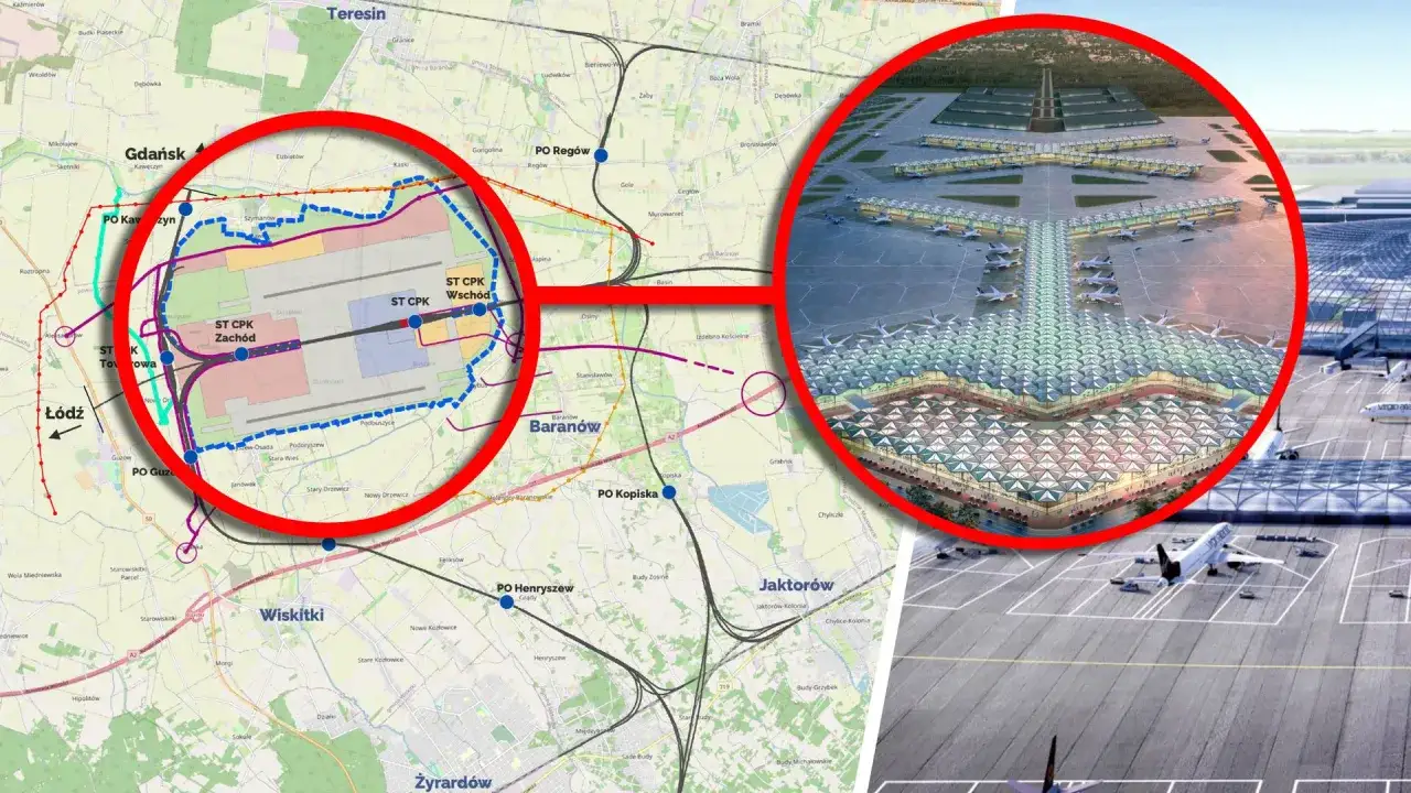 Mapa planowanego lotniska CPK z zaznaczonymi pasami startowymi. Ile jest pasów startowych w Warszawie? Na mapie widać dwa główne pasy.