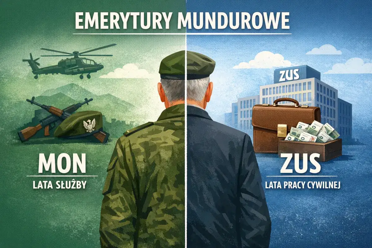 Emerytury mundurowe: lata służby w MON vs. lata pracy cywilnej. Czy mundurowi płacą ZUS? Obrazek pokazuje kontrast między służbą a pracą cywilną.