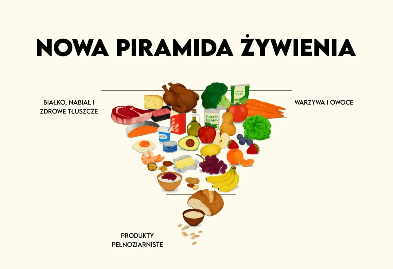 Nowa piramida żywienia prezentuje różne grupy produktów spożywczych: białko, nabiał, tłuszcze, produkty pełnoziarniste, warzywa i owoce.