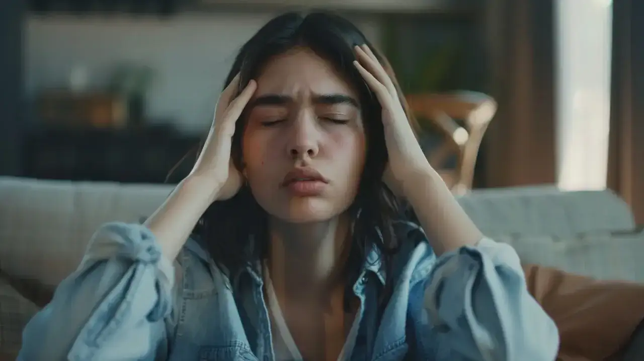 osoba z bólem głowy relaksująca się w ciemnym pokoju