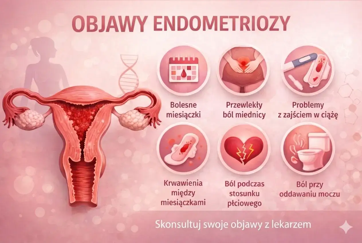 Objawy endometriozy: bolesne miesiączki, przewlekły ból miednicy, problemy z zajściem w ciążę, krwawienia między miesiączkami, ból podczas stosunku, ból przy oddawaniu moczu.