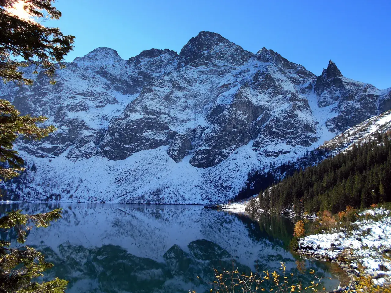 Zimowa panorama z Morskiego Oka. Ośnieżone szczyty odbijają się w spokojnej tafli jeziora, otoczonej iglastym lasem.