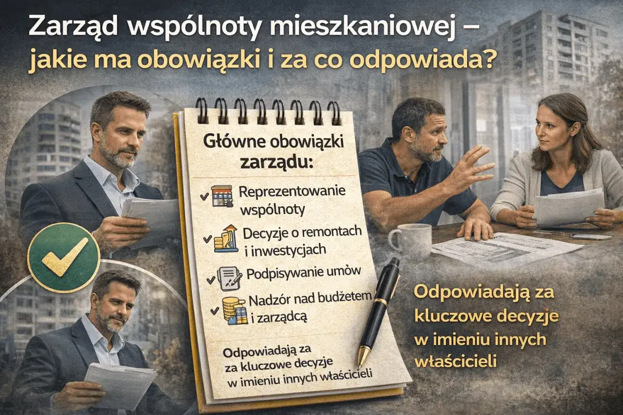 Zarząd wspólnoty mieszkaniowej: główne obowiązki to reprezentowanie, decyzje o remontach, podpisywanie umów i nadzór nad budżetem.