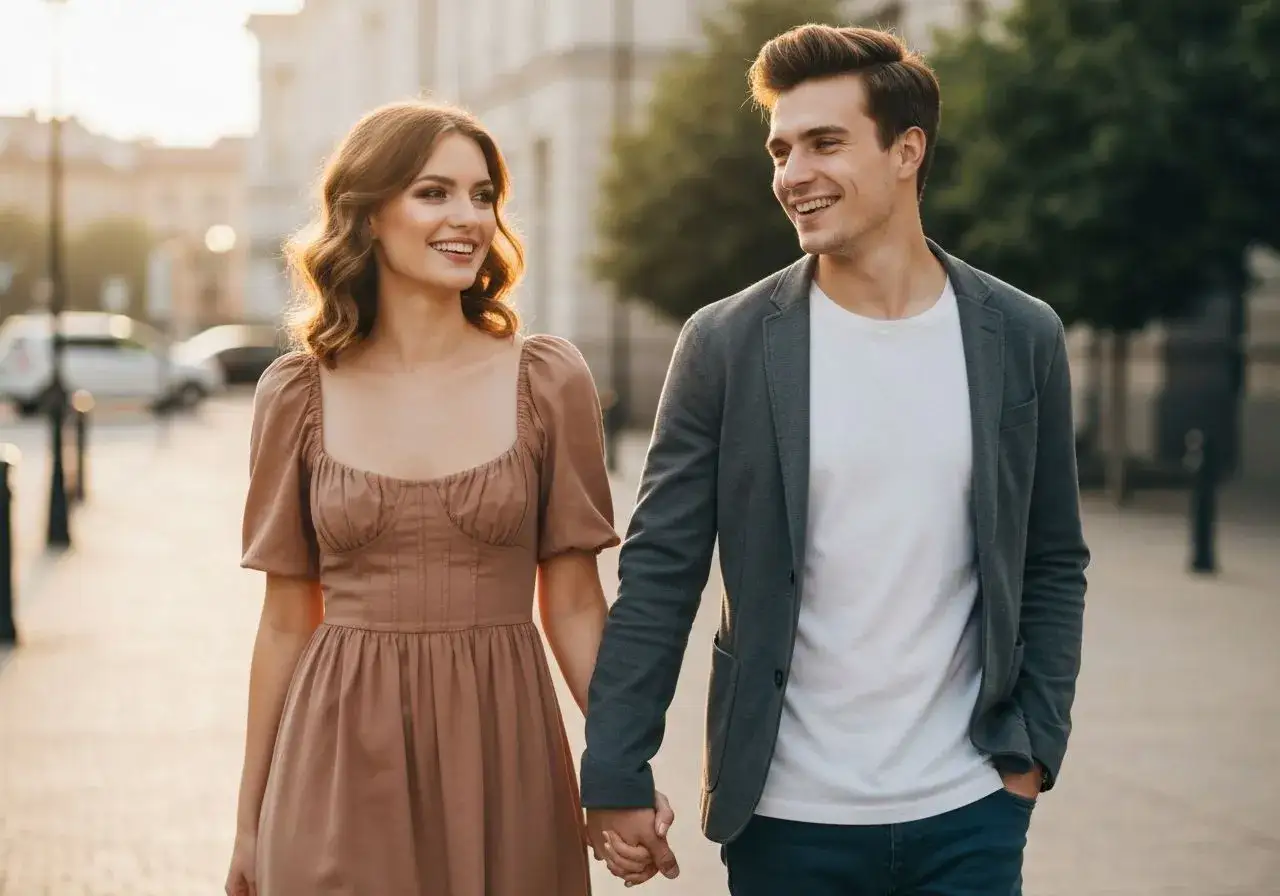 Para, trzymając się za ręce, uśmiecha się do siebie, zastanawiając się, gdzie na pierwszą randkę.