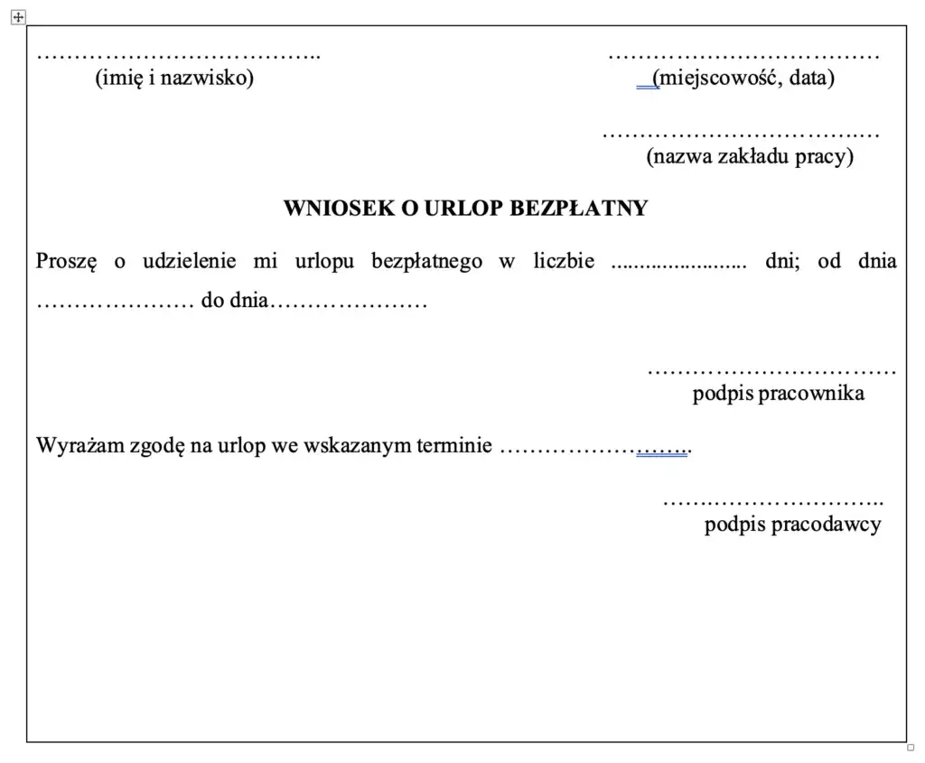 wz&oacute;r wniosku o urlop bezpłatny