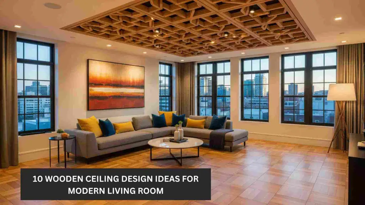 Nowoczesny salon z imponującą, ażurową ozdobą sufitu z drewna. Duże okna wychodzą na miasto.