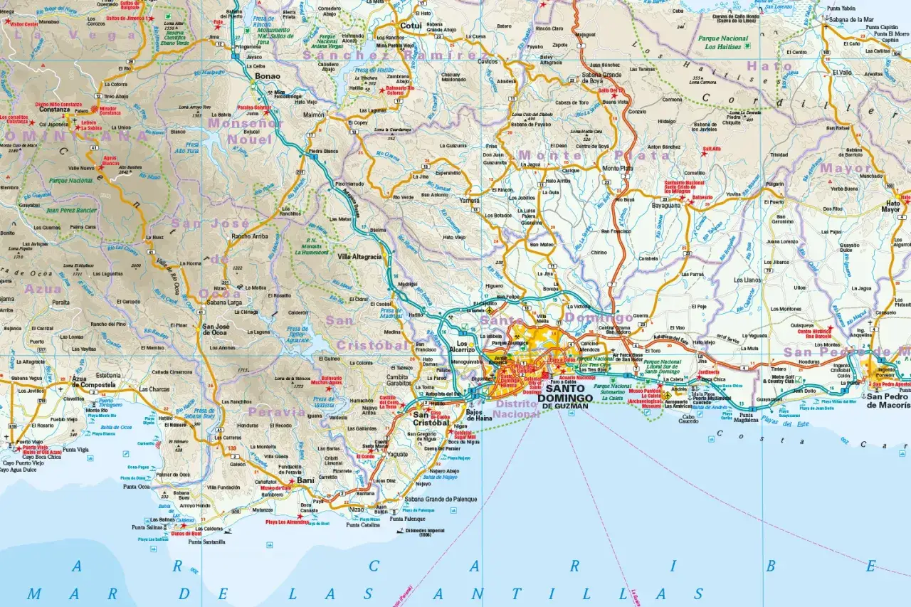 Mapa Dominikany, gdzie widać stolicę Santo Domingo i tereny, które graniczą z Dominikaną.