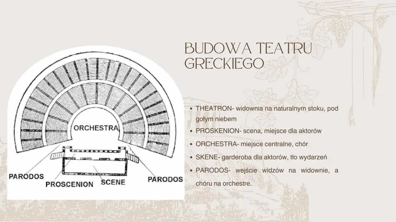 Schemat budowy teatru greckiego, kluczowy dla zrozumienia budowy tragedii antycznej. Widownia, orchestra, proskenion i skene.