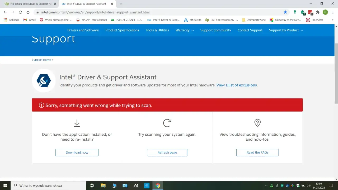 Strona Intel Driver & Support Assistant nie działa. Spr&oacute;buj odświeżyć stronę lub pobrać aplikację, aby dowiedzieć się, jak zaktualizować sterowniki procesora Intel.