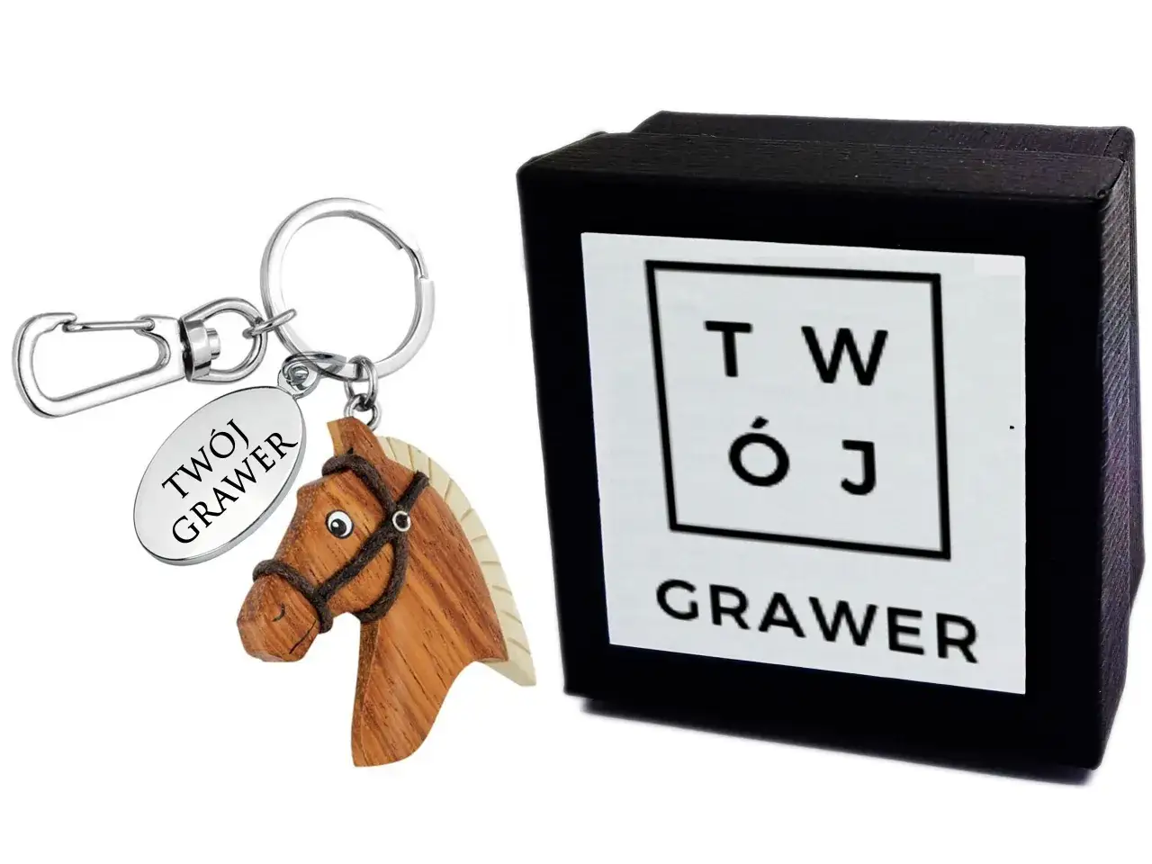 Drewniany brelok z koniem i zawieszką 