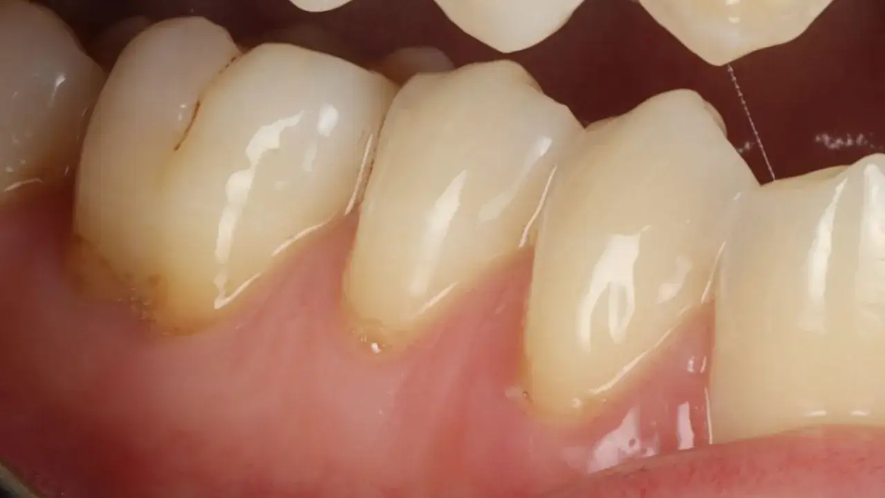 Widoczne zbliżenie na zęby i dziąsła. Widać przebarwienia na szyjkach zębowych, sugerujące potrzebę higienizacji.