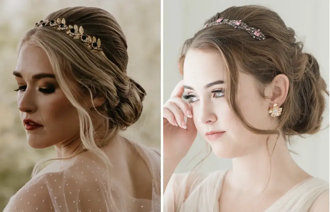 Dwie panny młode z eleganckimi upięciami, jedna z bogato zdobioną tiara ślubna, druga z subtelną opaską.