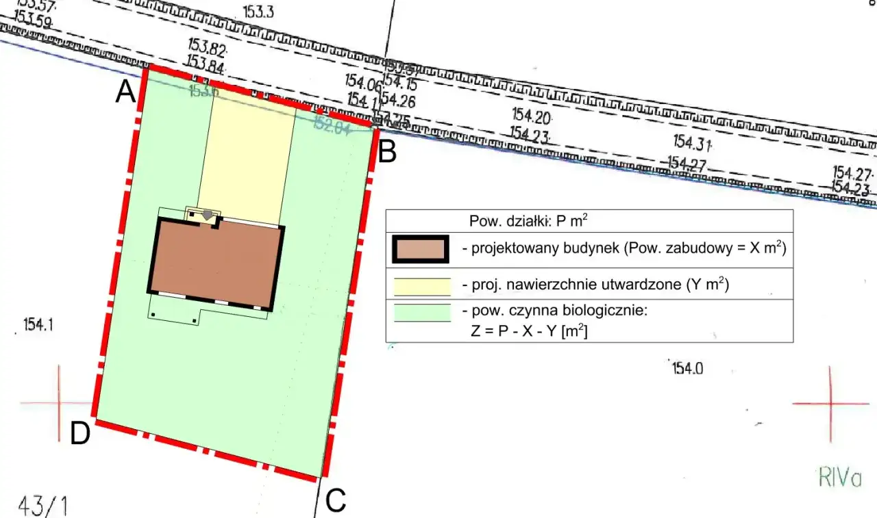 Plan działki z zaznaczonym budynkiem i terenami. Obliczenia: intensywność zabudowy jak liczyć.