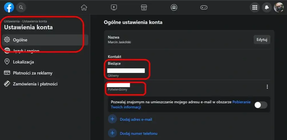 facebook ustawienia zmiana email desktop