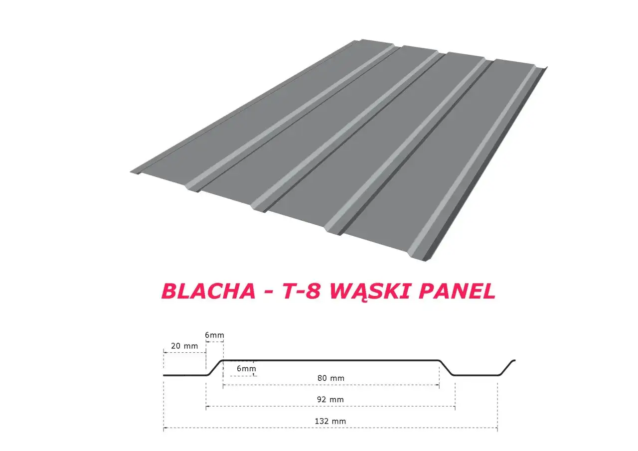 Szary, falisty panel blachy T-8, idealny na drzwi garażowe, z widocznym przekrojem i wymiarami.