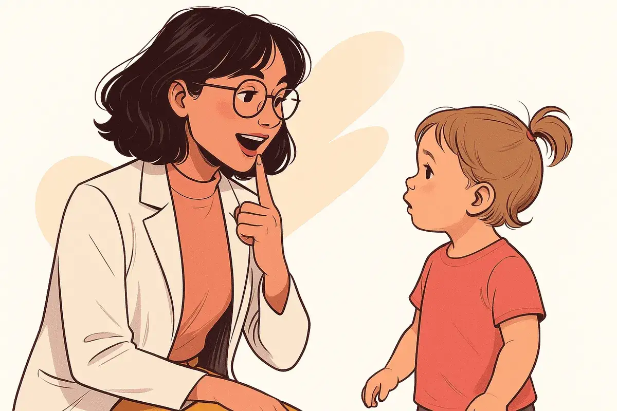 Terapeuta wyjaśnia dziecku, co to jest afazja u dzieci, gestykulując.