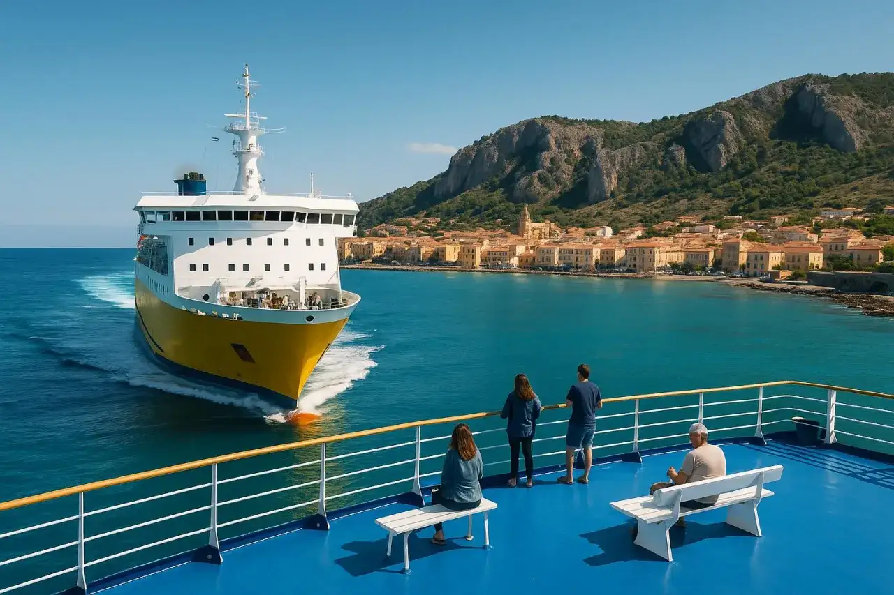 Ludzie na pokładzie promu zastanawiają się, ile kosztuje prom na Sardynię, podziwiając widok na miasto i morze.