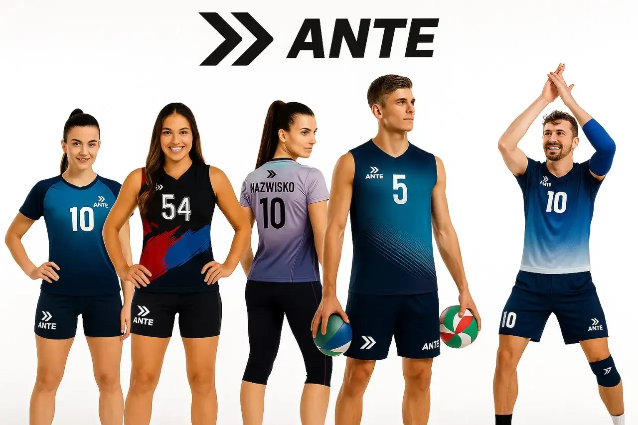 Modelki i modele prezentują sportowe spodenki siatkarskie Ante w r&oacute;żnych kolorach i wzorach, gotowi do gry.