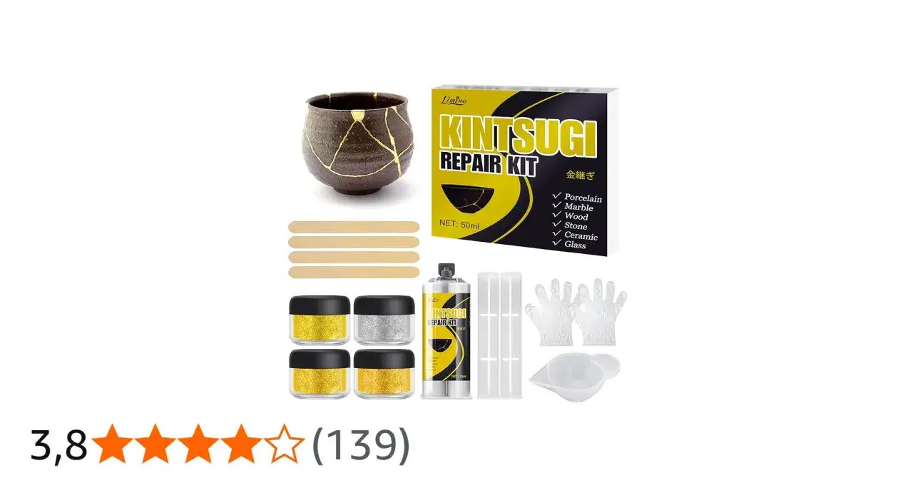 Zestaw Kintsugi do naprawy pękniętego lustra lub ceramiki. Zawiera złoty proszek, klej i akcesoria.