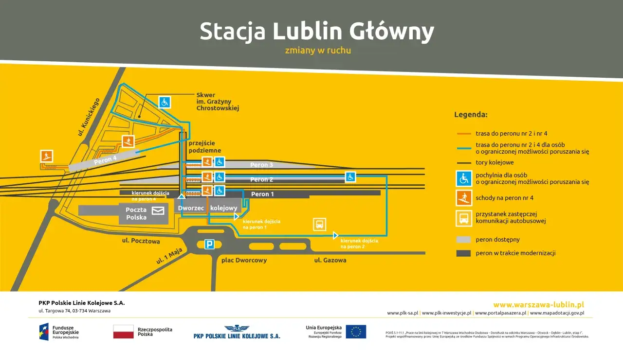 Mapa stacji Lublin Główny, pokazująca perony, dworzec i dojścia. Pociągi Lublin Warszawa odjeżdżają z peronów 1-4.