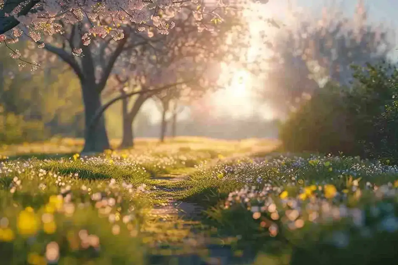 Ścieżka wśród kwitnących drzew i polnych kwiatów. Przedwiośnie najważniejsze informacje: budząca się przyroda, pierwsze pąki i słońce.