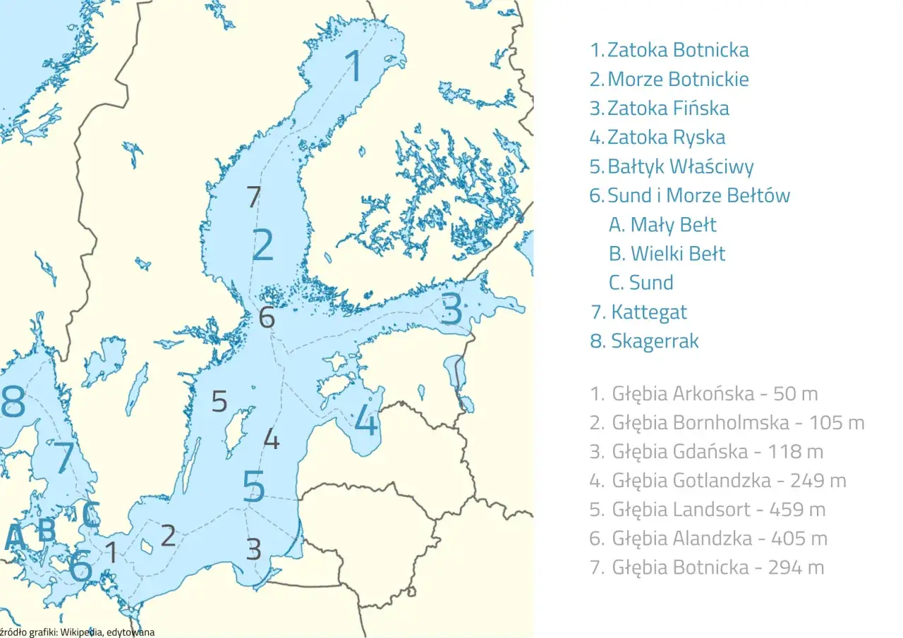 Mapa Morza Bałtyckiego z zaznaczonymi obszarami i głębokościami. Wiele państw ma dostęp do Bałtyku, co pokazuje ta mapa.