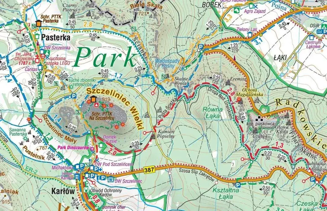 Mapa Gór Stołowych z zaznaczonymi miejscowościami i atrakcjami