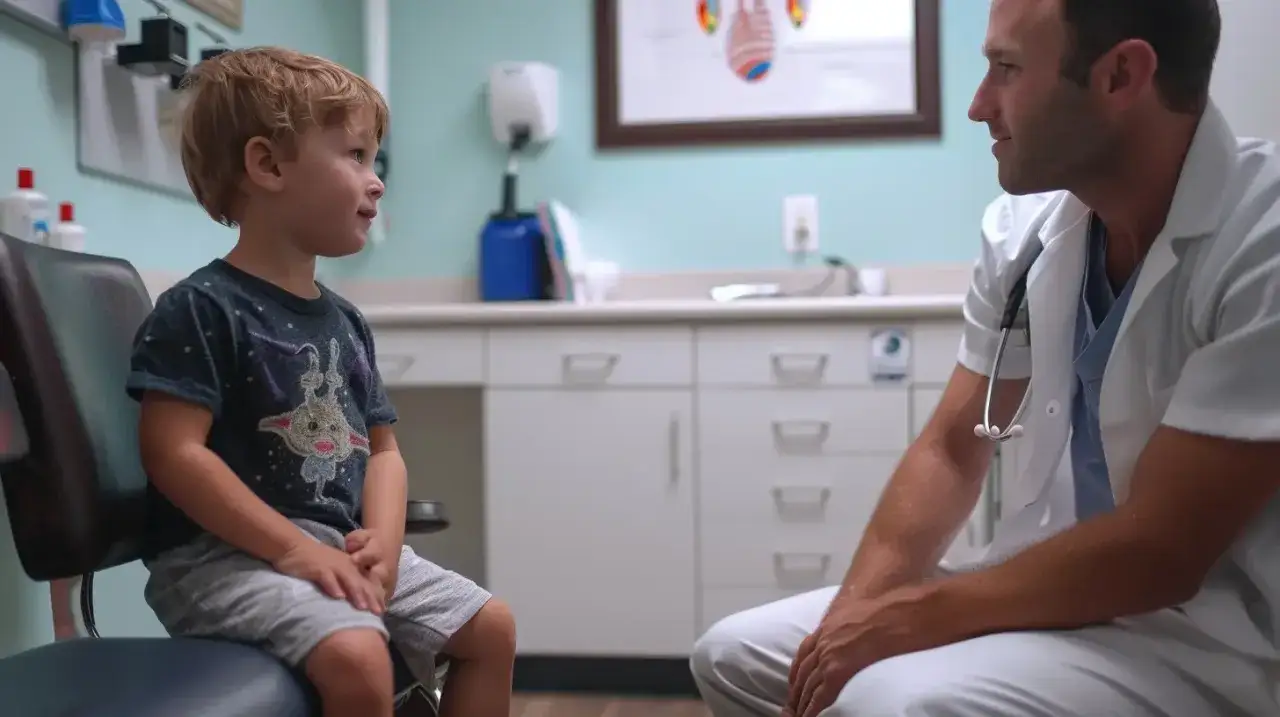 Mały chłopiec rozmawia z lekarzem. Lekarz wyjaśnia rodzicom, jak podawać nystatynę dla dzieci.